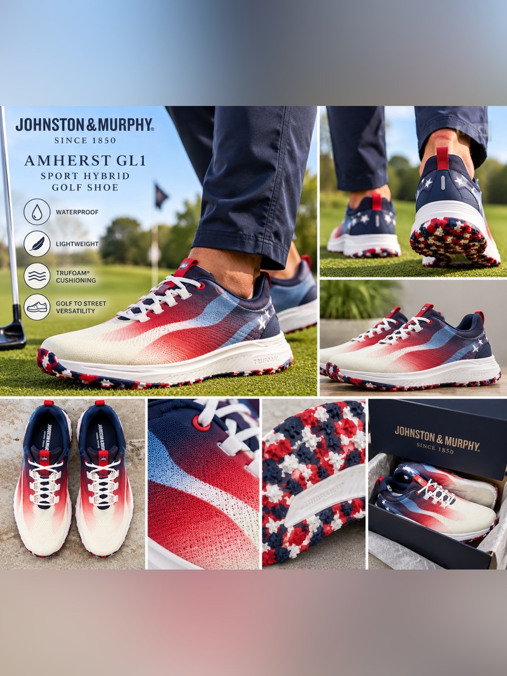 Johnston & Murphy Amherst GL1 Golf Shoes Red White Blue Men’s 11.5 NIB